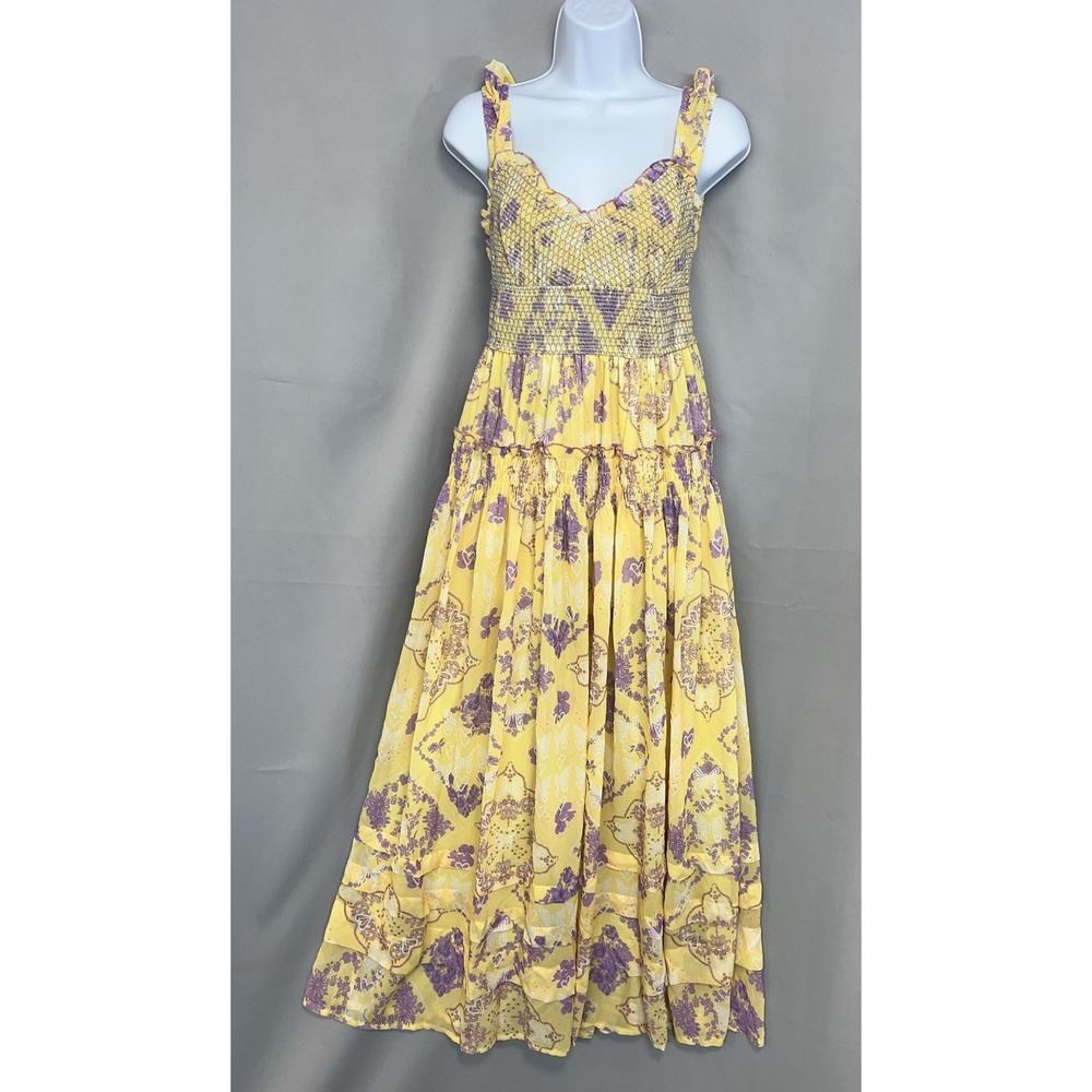 Y2k Floral Boho Long Dress Sweetheart Neck Cap Sleeve Smocked Maxi Dress M